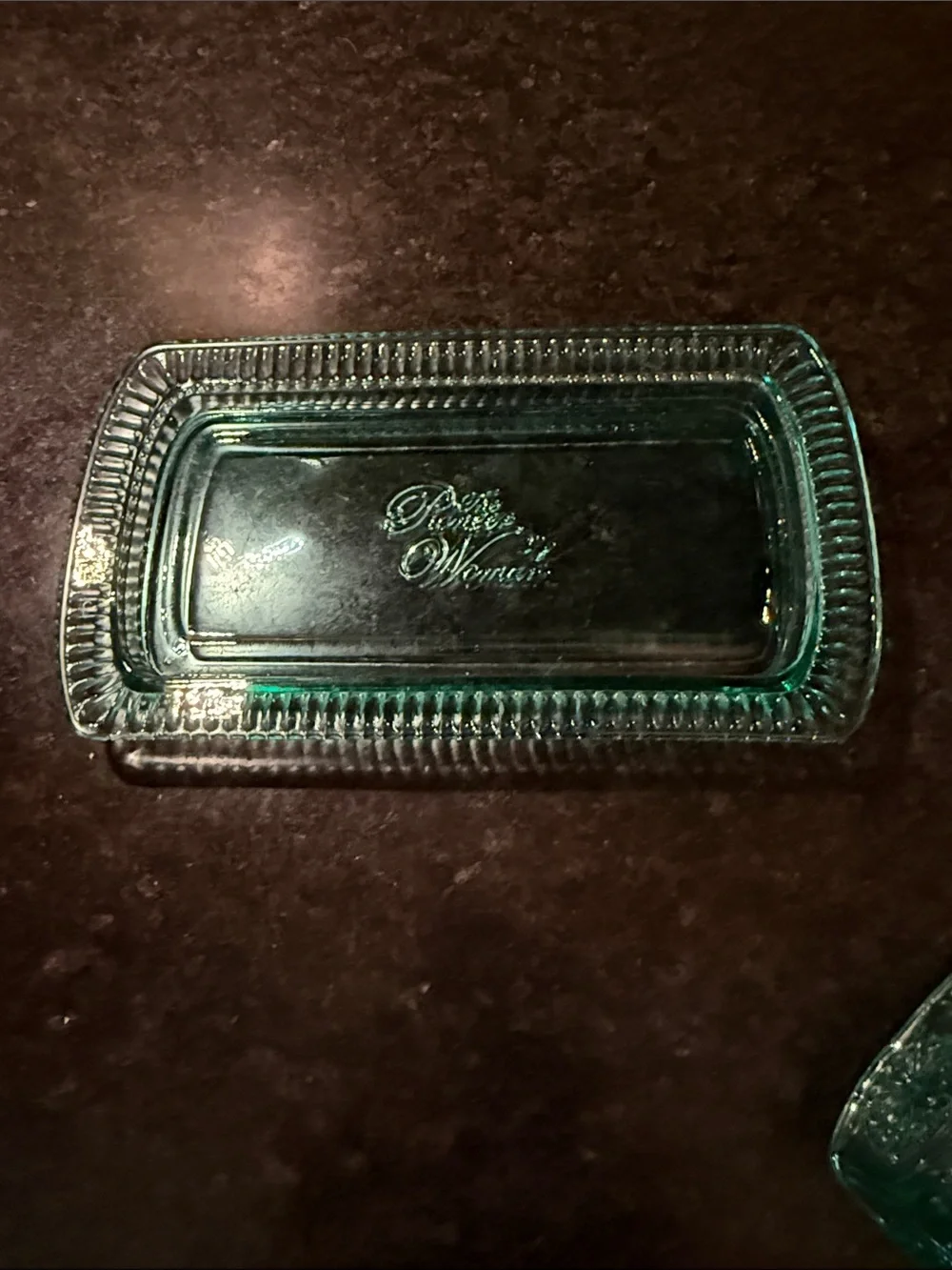 The Pioneer Woman Adeline Teal Glass Butter Dish Embossed Vintage Style